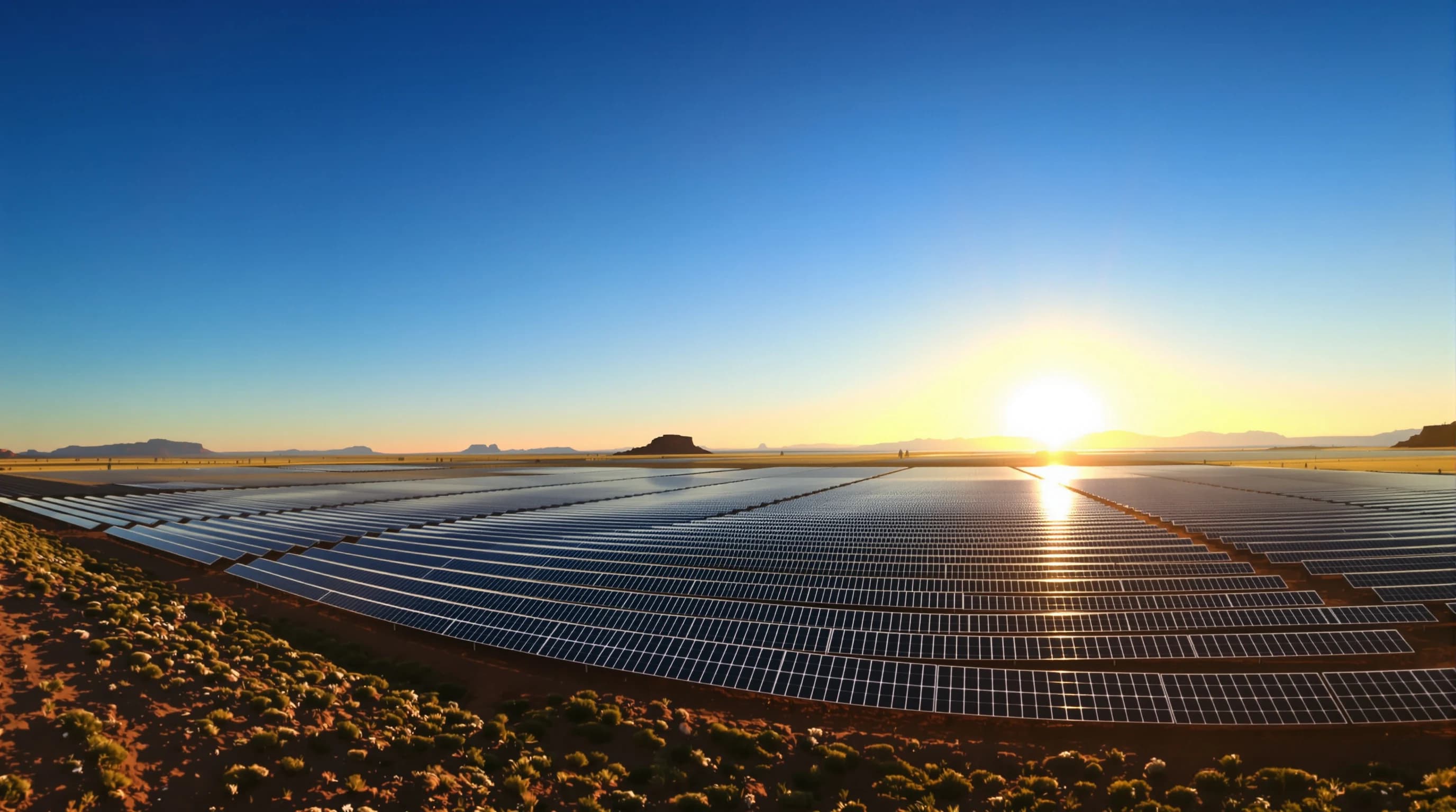 Utility-scale solar farm in the desert at golden hour with the sun on the horizon